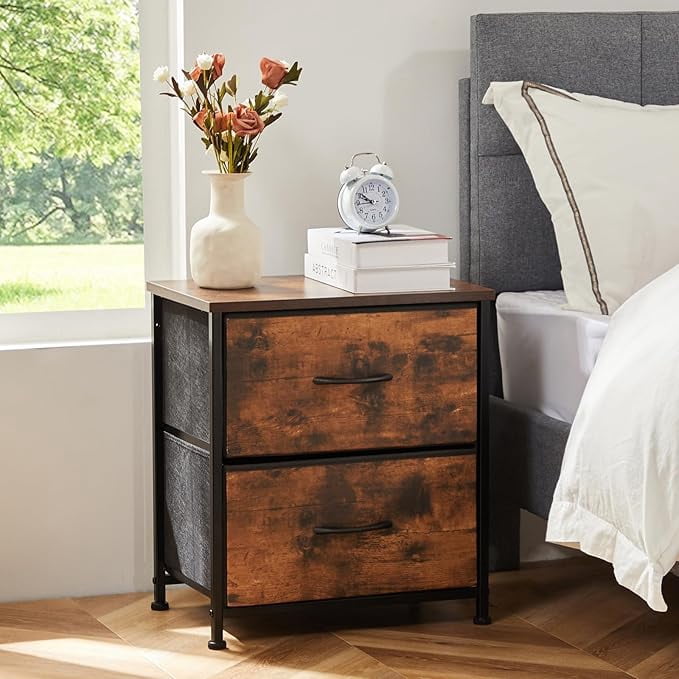 Ethovia 20" Height Bedside Nightstand with 2 Fabric Drawers, Compact End Table with Wooden Top for Bedroom, Dorm Room,Rust
