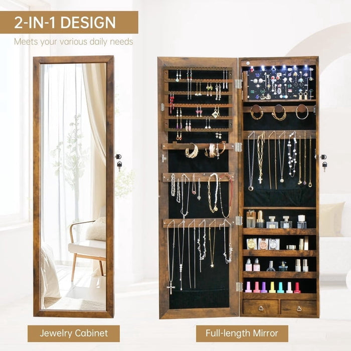 Bigleap 47.2" LED Lockable Jewelry Cabinet, Wall/Door Mount Full-Length Mirror & Large Storage Armoire with Drawers, Brown