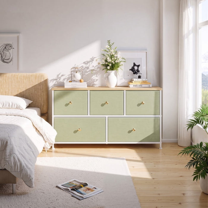 Betcozy 5-Drawer Storage Dresser, Classic Bedroom Dresser for Clothes & Nursery Organization, Stable Metal Frame, Wooden Top, Light Green