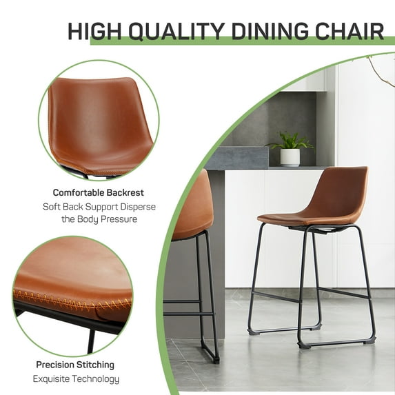 Set of 2 Counter Height Bar Stools, 26 inch Height Modern PU Leather Bar Chairs with Backrest and Metal Legs for Kitchen Island