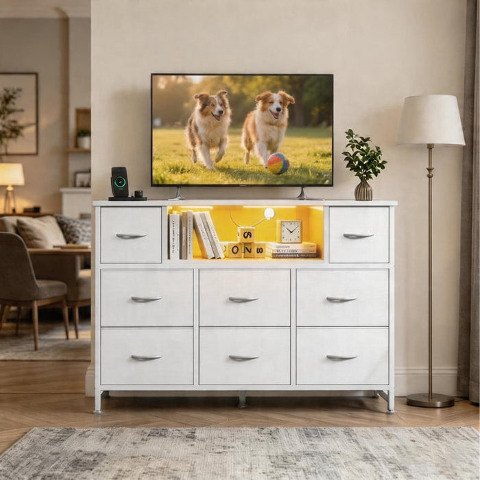 Betcozy LED TV Stand for 50/55 inch TV, Dresser with 8 Fabric Drawers, Entertainment Center with Open Storage Shelves & Power Outlet, Tall Storage Chest for Bedroom, Living Room, White