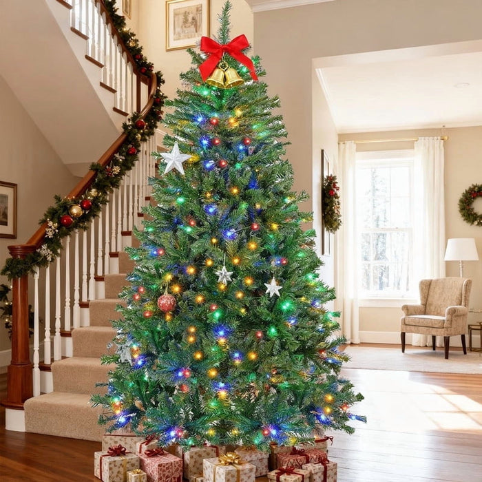 Taoset 6ft Christmas Tree, Pre-lit Artificial Spruce Christmas Trees with Colorful Led Light, Hinged Spruce Xmas Tree for Home, Office, Party