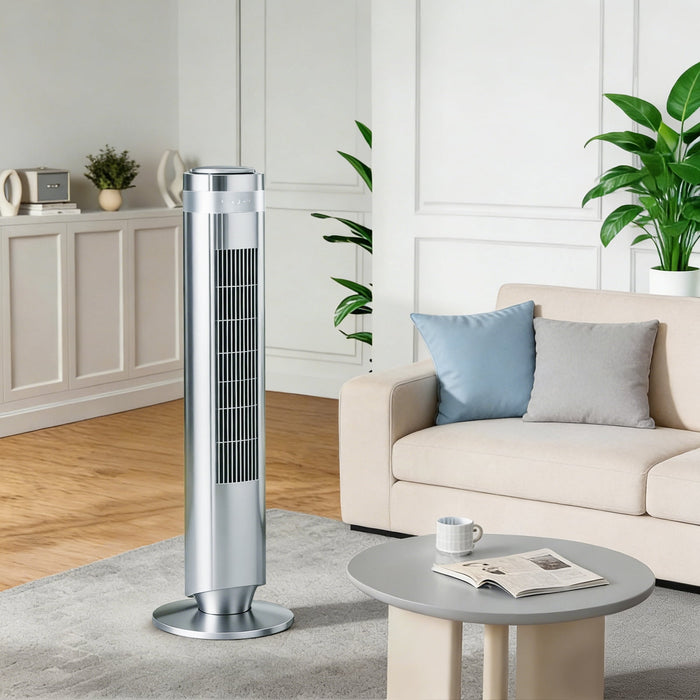 Betcozy Quiet Tower Fan for Bedroom, Oscillating Fan with Child Lock & Night Light, 28dB, 12H Timer and Remote, 5 Speeds Cooling Fan for Nursery and Home,Silver
