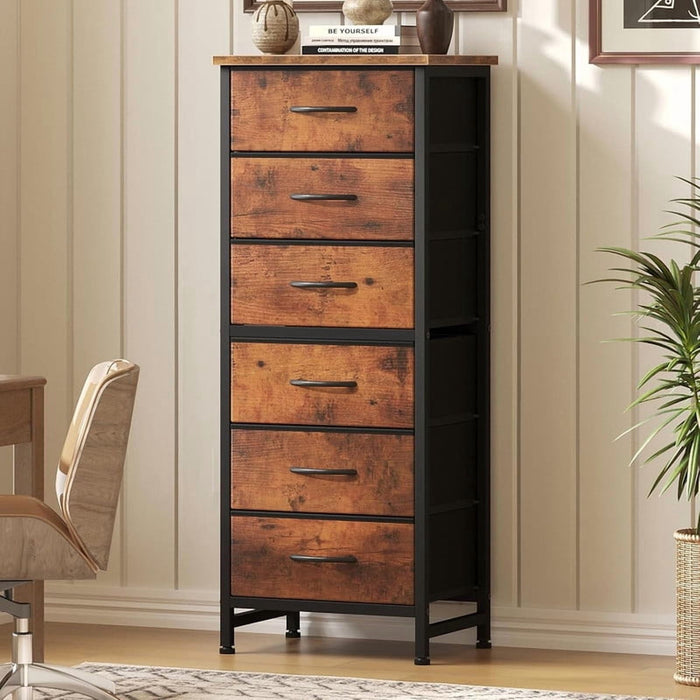 Bigleap 6-Drawer Slim Dresser, Fabric Storage Tower for Bedroom & Entryway, Sturdy Steel Frame & Wood Top for Small Spaces,Brown