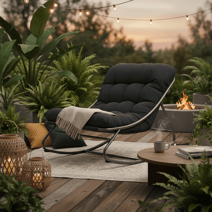 Betcozy Outdoor Rocking Chair, Indoor Papasan Chair, Modern Rattan Wicker Lounge Chair for Bedroom, Living Room, Porch, Garden, Lawn-Dark Grey
