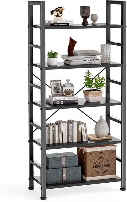 Simenmax 5-Tier Bookshelf - 62.2" Tall Rustic Brown Display Storage Shelves for Living Room, Office, Bedroom, Black