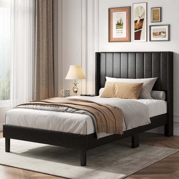 Taoset Upholstered Bed Frame with Wingback Headboard, Heavy Duty Vertical Channel Platform Bedframe, Faux Leather Mattress Foundation, No Box Spring Needed, Twin