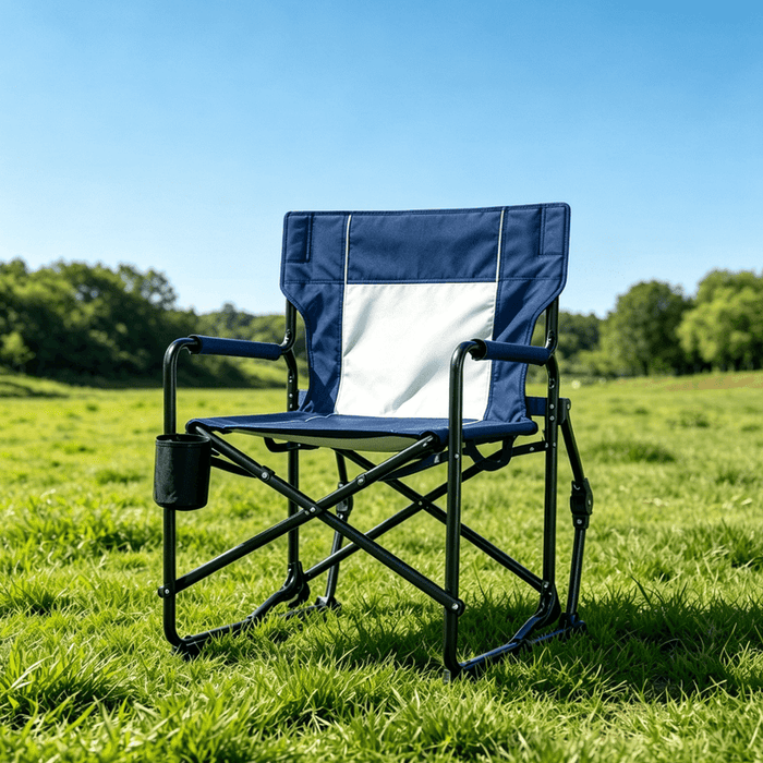 Blorly Folding Camping Rocking Chair, Heavy Duty Outdoor Rocker with Hard Armrest and Breathable Mesh Back, Smooth Motion Lawn Chair with Cup Holder for Patio, Campfire and Tailgating, Blue