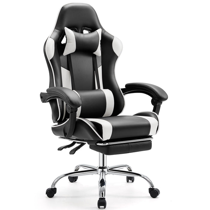 Taoset Gaming Chair with Retractable Footrest, with Headrest & Lumbar Pillow, Fixed Armrest for Gaming Room Napping, Black