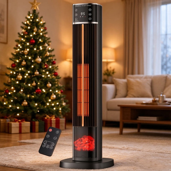 Simenmax 1500W Space Heater, Tower Electric Heater with Remote, 15H Timer,Flame-Effect Panel,Tip-Over & Overheat Protection,Black