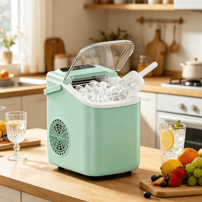 Blorly Portable Countertop Ice Maker with Handle, Self-Cleaning Bullet Ice Maker, 9 Ice Cubes Ready in 6 Minutes, 26lbs/24H, Eco-Friendly with Ice Scoop & Basket for Home, Office, Bar, Party, RV (Green)