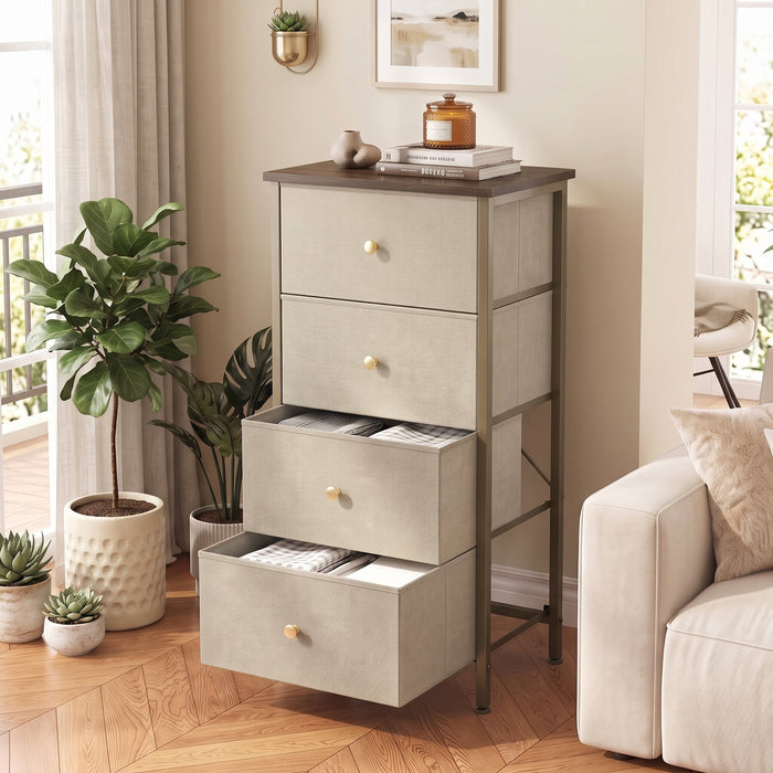Betcozy 4-Drawer 37.7" Nightstand Storage Dresser, Narrow Closet Organizer Cabinet & Space-Saving Bedroom Dresser, Steel Frame, Wooden Top, Khaki
