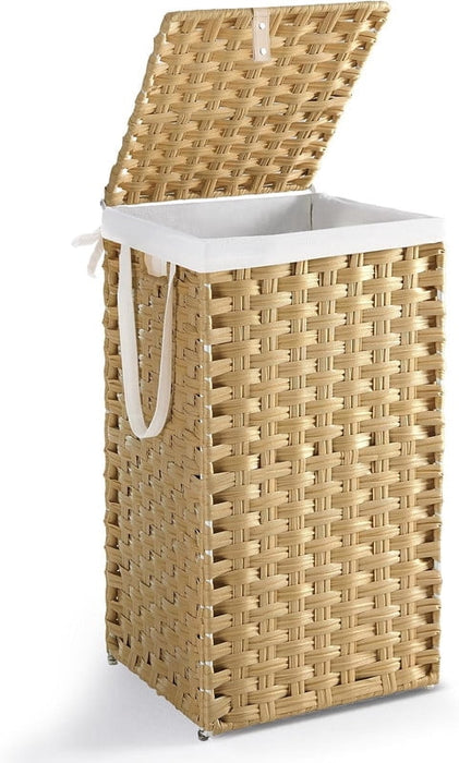 Simenmax 65L Foldable Laundry Hamper with Lid, Woven Laundry Basket with Removable Washable Liner, Rattan Clothes Hamper Sturdy Steel Frame Rattan Basket, Yellow
