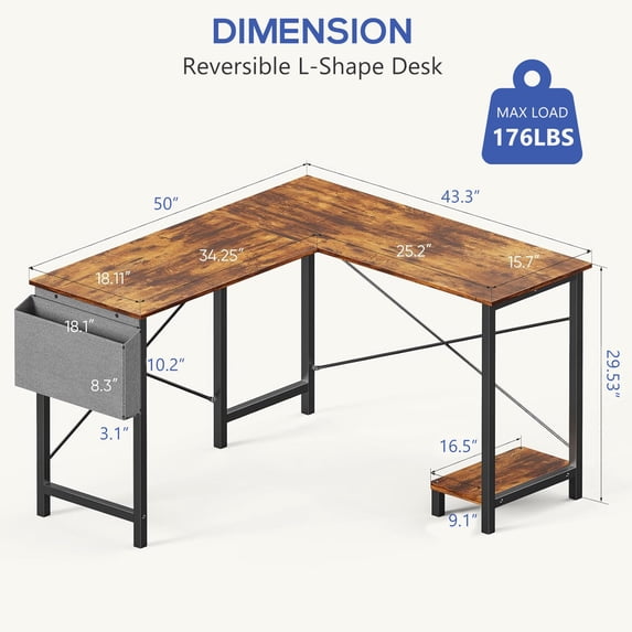 Aidoly 50" Corner Workstation with CPU Stand & Storage - Reversible L-Shaped Computer Desk for Home Office & Gaming
