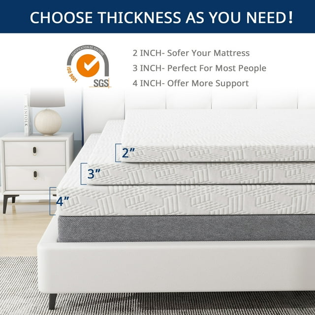 2 inch Full Size Memory Foam Mattress Topper with Cover, Comfort Body Support & Pressure Relief