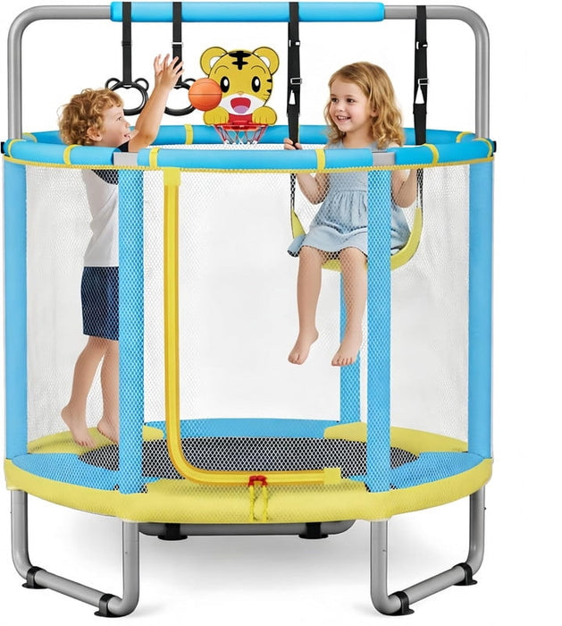 Simenmax 55" Kids Trampoline with Enclosure, 4 in 1 Toddler Trampoline with Adjustable Gymnastics Bar, Basketball Hoop,Swing,Blue