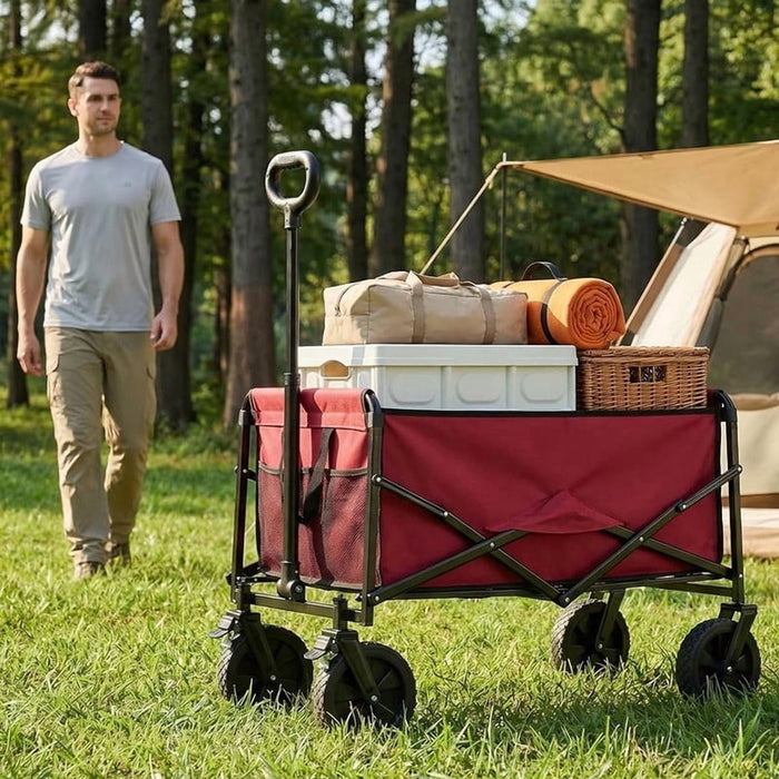 Bigleap Wagon, 220 lbs Heavy Duty Folding Cart with Lockable All-Terrain Wheels & Adjustable Handle for Beach, Camping, Garden, Red