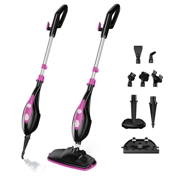 Betcozy 10-in-1 Steam Mop & Handheld Steamer with 8 Accessories for Tile, Hardwood Floors, 25s Fast Heat, Black & Pink