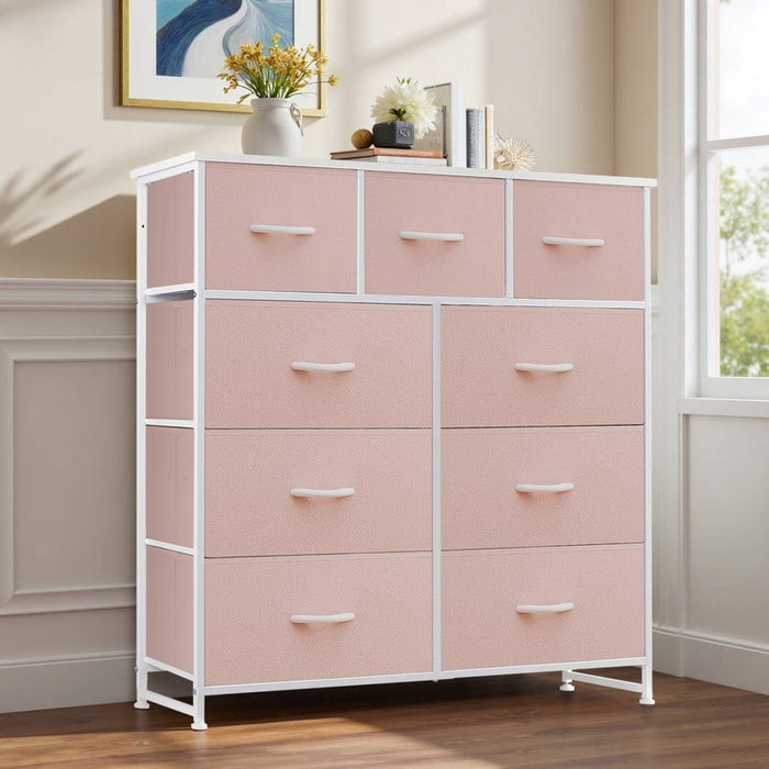 Ethovia 9-Drawer Fabric Storage Dresser, Sturdy Steel Frame with Wooden Tabletop, Wide Foldable Bins, Perfect for Bedroom, Hallway, and Entryway, Pink