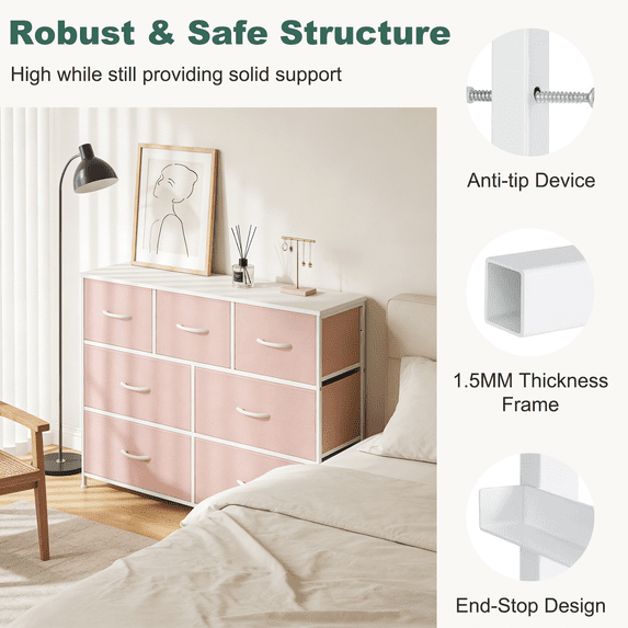 Aidoly Dresser for Bedroom, 7 Storage Drawers, Anti-Tip Wide Fabric Closet Organizer Tower Furniture, Wooden Top with Metal Frame