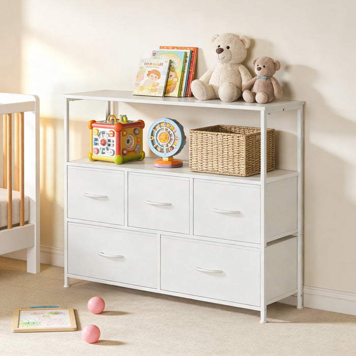 Betcozy 5-Drawer C Storage Dresser, Household Cabinet for Entry Way, Living room, Stable Metal Frame, Wooden Top, White