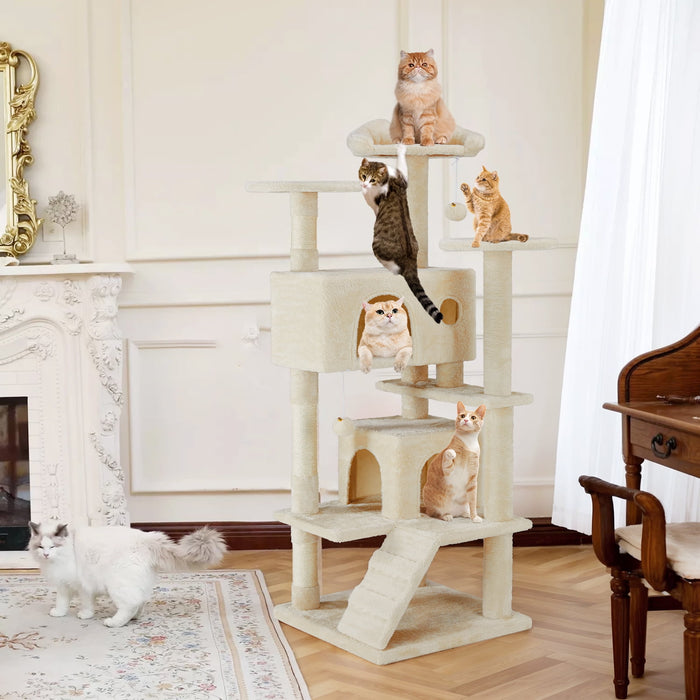 Blorly Cat Tree, 54-Inch Cat Tower with Sisal Scratching Post, Multi-Level Plush Cat Tree with Climbing Ladder, Beige