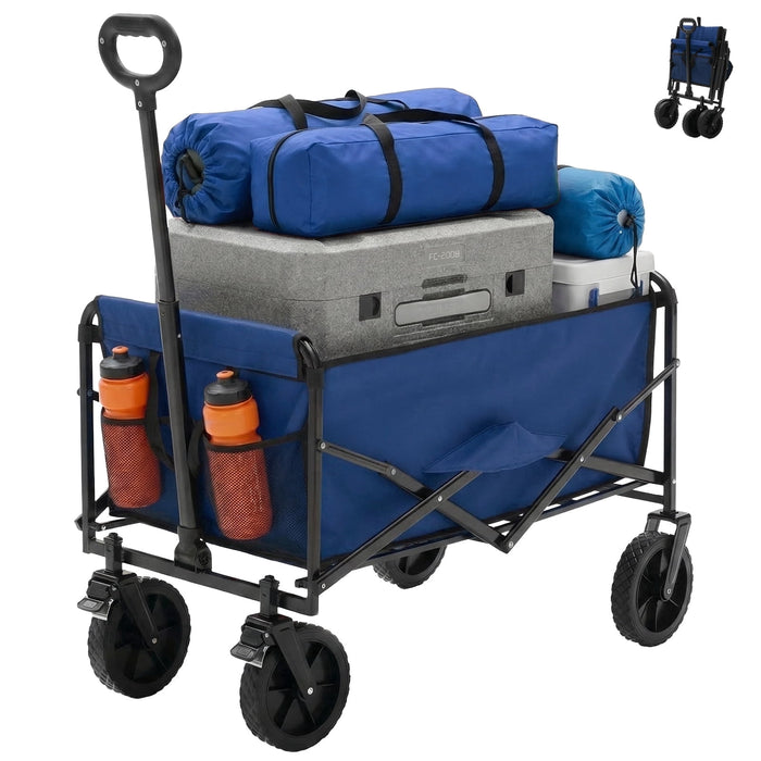 Betcozy Foldable Wagons Carts with All-Terrain Wheels, Portable Shopping Wagon Large Capacity Utility Cart with Drink Holders, Heavy Duty Collapsible for Sand, Beach, 37 inch, Blue