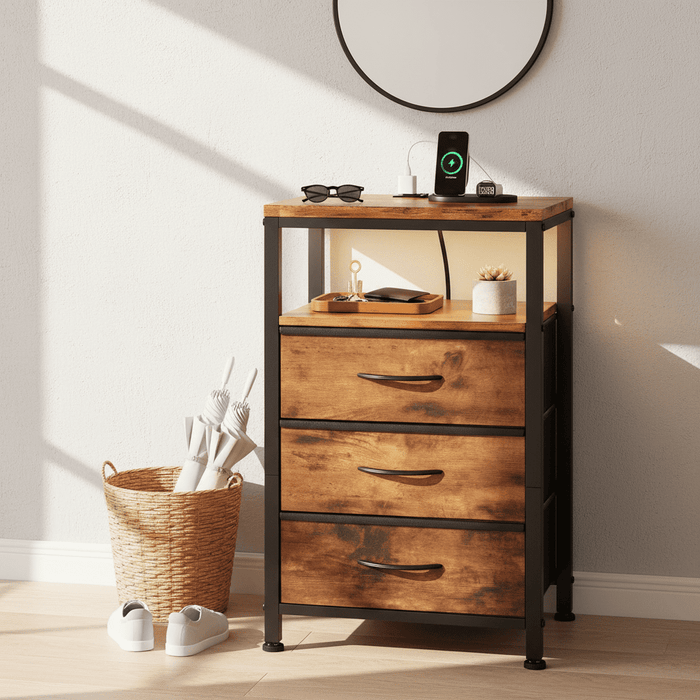 Betcozy Nightstand with Light, Bedside End Table with Charging Station &3 Fabric Drawers, Adjustable Feet and Variable Light Strip, Rust