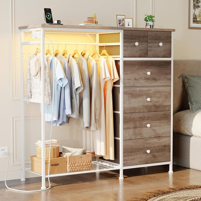 Blorly 6-Drawer Dresser with Clothes Rack & Charging Station, Garment Rack with Hanging Rod & Side Hooks, Free Standing Closet Organizer Storage Shelves for Bedroom, Cloakroom