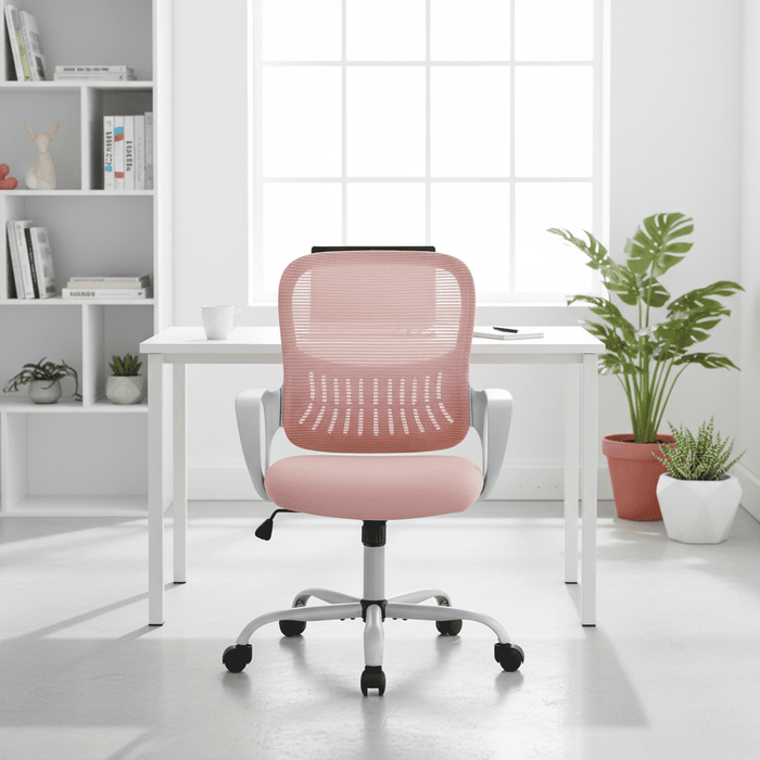 Betcozy Tall Office Desk Chair, Ergonomic Mid-Back Mesh Chair with Adjustable Foot Ring, Wheels, Comfy Lumbar Support with Flip-up Arms for Home office, Gaming, Study, Black