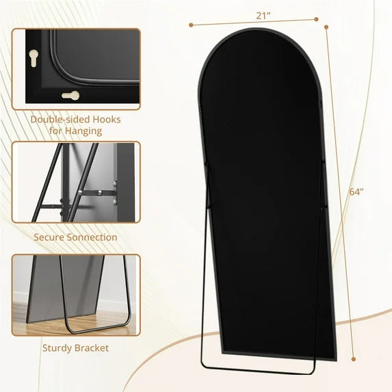 Sybels Arched Floor Mirror, 64" Full-Length Mirror in Aluminum for Bedroom & Living Spaces, Black