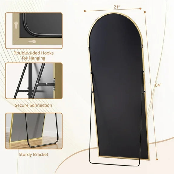 Sybels Arched Floor Mirror, 64" Full-Length Mirror in Aluminum for Bedroom & Living Spaces, Gold
