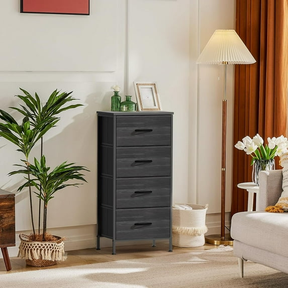 4 Drawer Fabric Nightstand Bedside Table, Wooden Top Steel Frame Dresser, Removable Bin Organizer for Bedroom, Closet, Living Room, Entryway, Dorm
