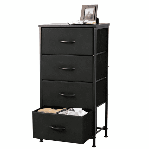 4 Drawer Fabric Nightstand Bedside Table, Wooden Top Steel Frame Dresser, Removable Bin Organizer for Bedroom, Closet, Living Room, Entryway, Dorm