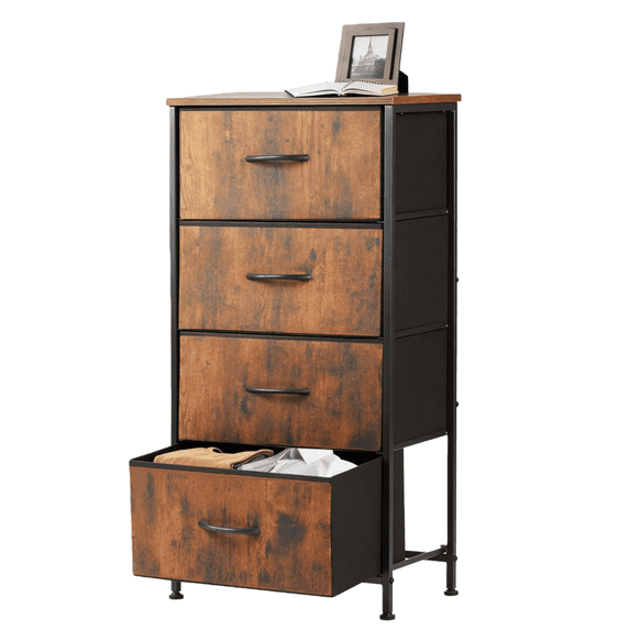 4 Drawer Fabric Nightstand Bedside Table, Wooden Top Steel Frame Dresser, Removable Bin Organizer for Bedroom, Closet, Living Room, Entryway, Dorm