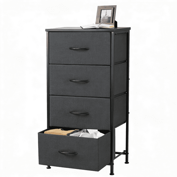 4 Drawer Fabric Nightstand Bedside Table, Wooden Top Steel Frame Dresser, Removable Bin Organizer for Bedroom, Closet, Living Room, Entryway, Dorm