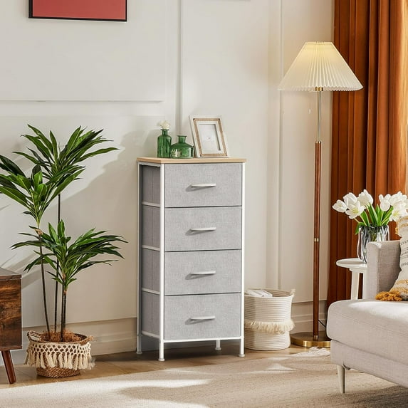 4 Drawer Fabric Nightstand Bedside Table, Wooden Top Steel Frame Dresser, Removable Bin Organizer for Bedroom, Closet, Living Room, Entryway, Dorm