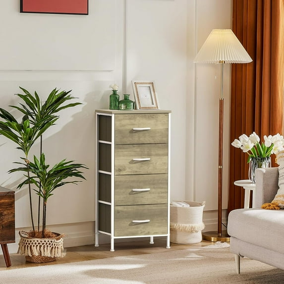 4 Drawer Fabric Nightstand Bedside Table, Wooden Top Steel Frame Dresser, Removable Bin Organizer for Bedroom, Closet, Living Room, Entryway, Dorm