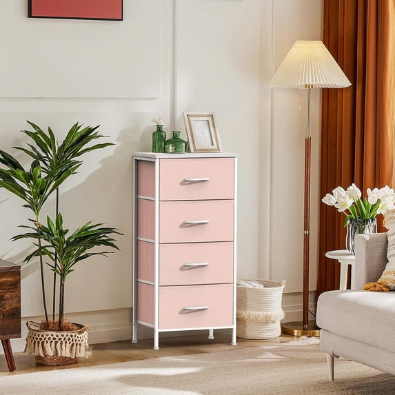 4 Drawer Fabric Nightstand Bedside Table, Wooden Top Steel Frame Dresser, Removable Bin Organizer for Bedroom, Closet, Living Room, Entryway, Dorm