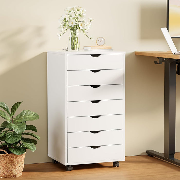 Sybels 7-Drawer Rolling Storage Cart, Mobile File Cabinet & Organizer Dresser with Wheels for Home Office, Wood Chest, White
