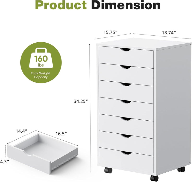 Sybels 7-Drawer Rolling Storage Cart, Mobile File Cabinet & Organizer Dresser with Wheels for Home Office, Wood Chest, White