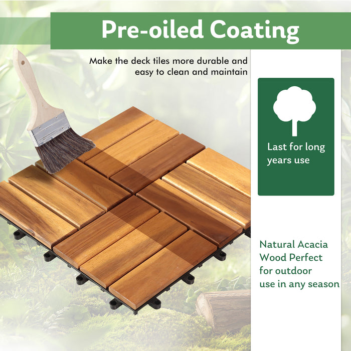 TINKLE WELL 10-Pack Interlocking Solid Wood Deck Tiles, 12"x12" Waterproof Outdoor Flooring for Patio, Garden, Poolside, Stripe