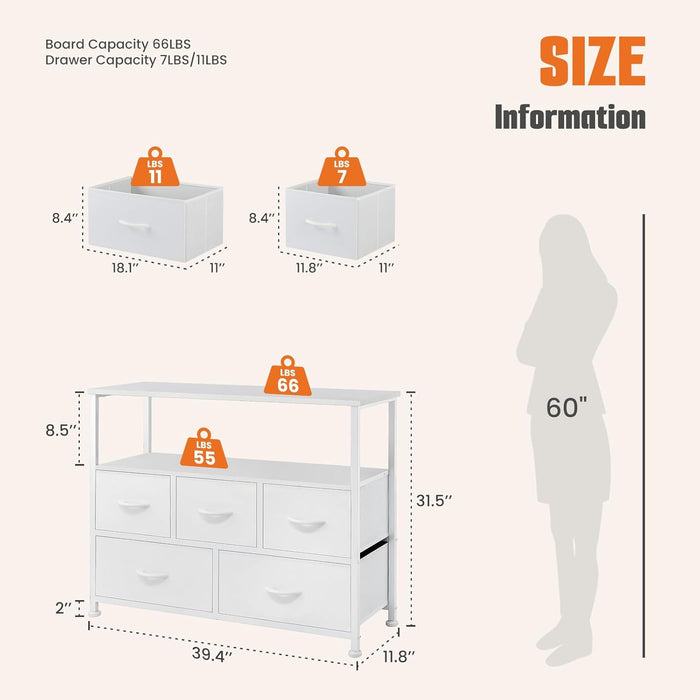 Sybels Modern TV Console with 5 Fabric Drawers for 45" TVs, Media Stand with Open Display Shelf, Minimalist Entertainment Center for Living Room & Bedroom, White