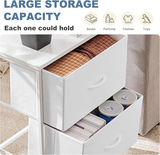 Sybels 20" Tall Bedside Table with 2 Fabric Storage Drawers, Compact Night Stand Dresser with Wooden Top for Bedroom, Dorm Room,White (1Pack)
