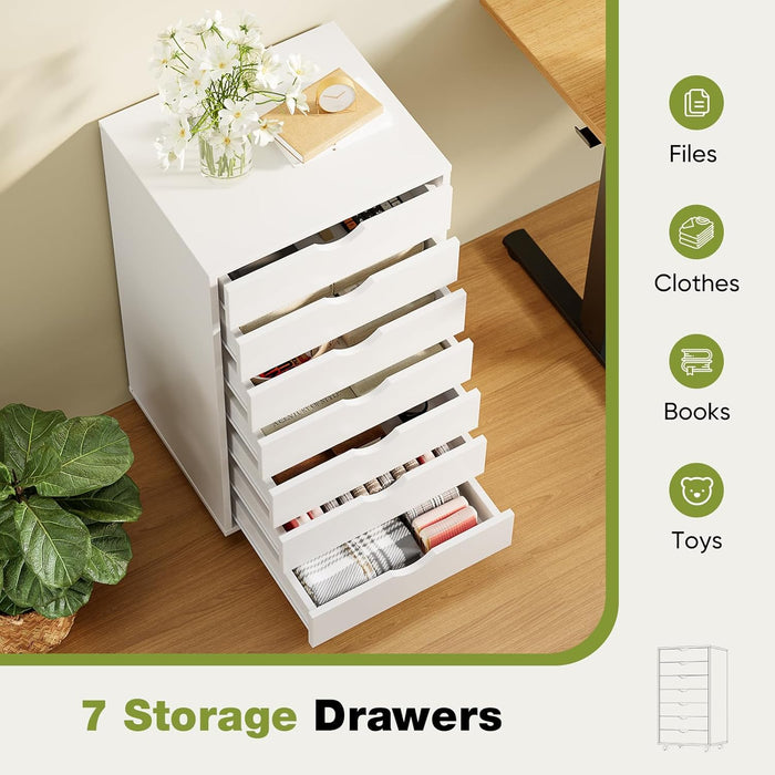 Sybels 7-Drawer Rolling Storage Cart, Mobile File Cabinet & Organizer Dresser with Wheels for Home Office, Wood Chest, White