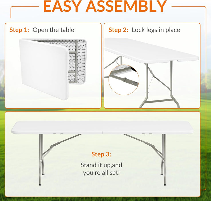 Sybels 8ft Plastic Folding Table, Heavy Duty Portable Desk with Carrying Handle for Camping Picnic Party, Indoor & Outdoor Use