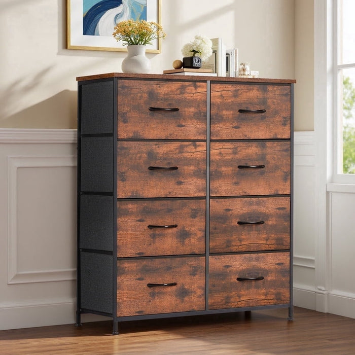 Ethovia 8-Drawer Fabric Storage Dresser, Sturdy Steel Frame with Wooden Tabletop, Wide Foldable Bins, Perfect for Bedroom, Hallway, and Entryway, Rustic
