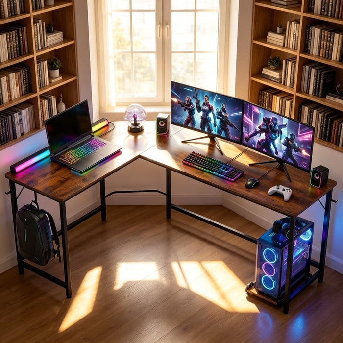 Betcozy 66" Classic L-Shaped Gaming Desk with Rolling CPU Stand & Side Hooks, Wide Corner Workstation for Dual Monitors Small Space Home Office Gaming, Rust Brown