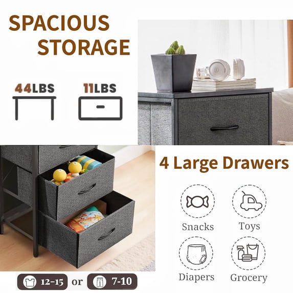 4 Drawer Fabric Nightstand Bedside Table, Wooden Top Steel Frame Dresser, Removable Bin Organizer for Bedroom, Closet, Living Room, Entryway, Dorm