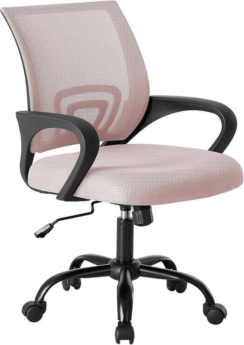 Simenmax Ergonomic Mid Back Office Chair, Pink Mesh Computer Desk Chair with Lumbar Support, Rocking Mode for Home Office